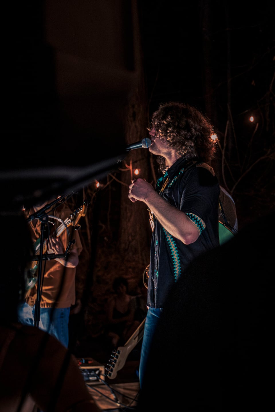 A guitarist sings into a microphone through a narrow opening between audience silhouettes.
